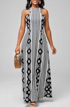 Bib Neck Geometric Print Black Dress