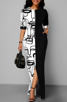 Figure Print Pocket Black Maxi Dress