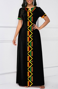 Short Sleeve Tribal Print Keyhole Neck Dress