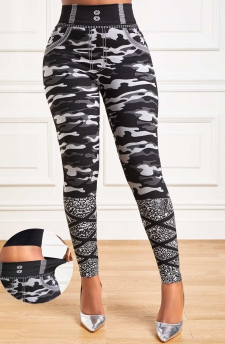Camouflage Print Grey Elastic Waist High Waisted Leggings