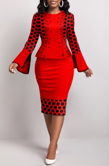 Geometric Print Fake 2in1 Red Bodycon Dress