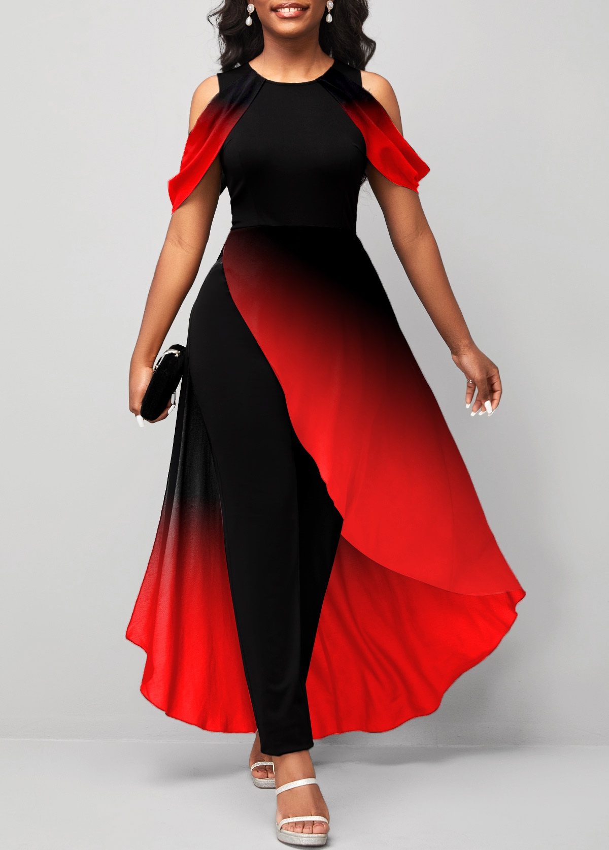 Red Ombre Asymmetric Hem Mesh Stitching Jumpsuit