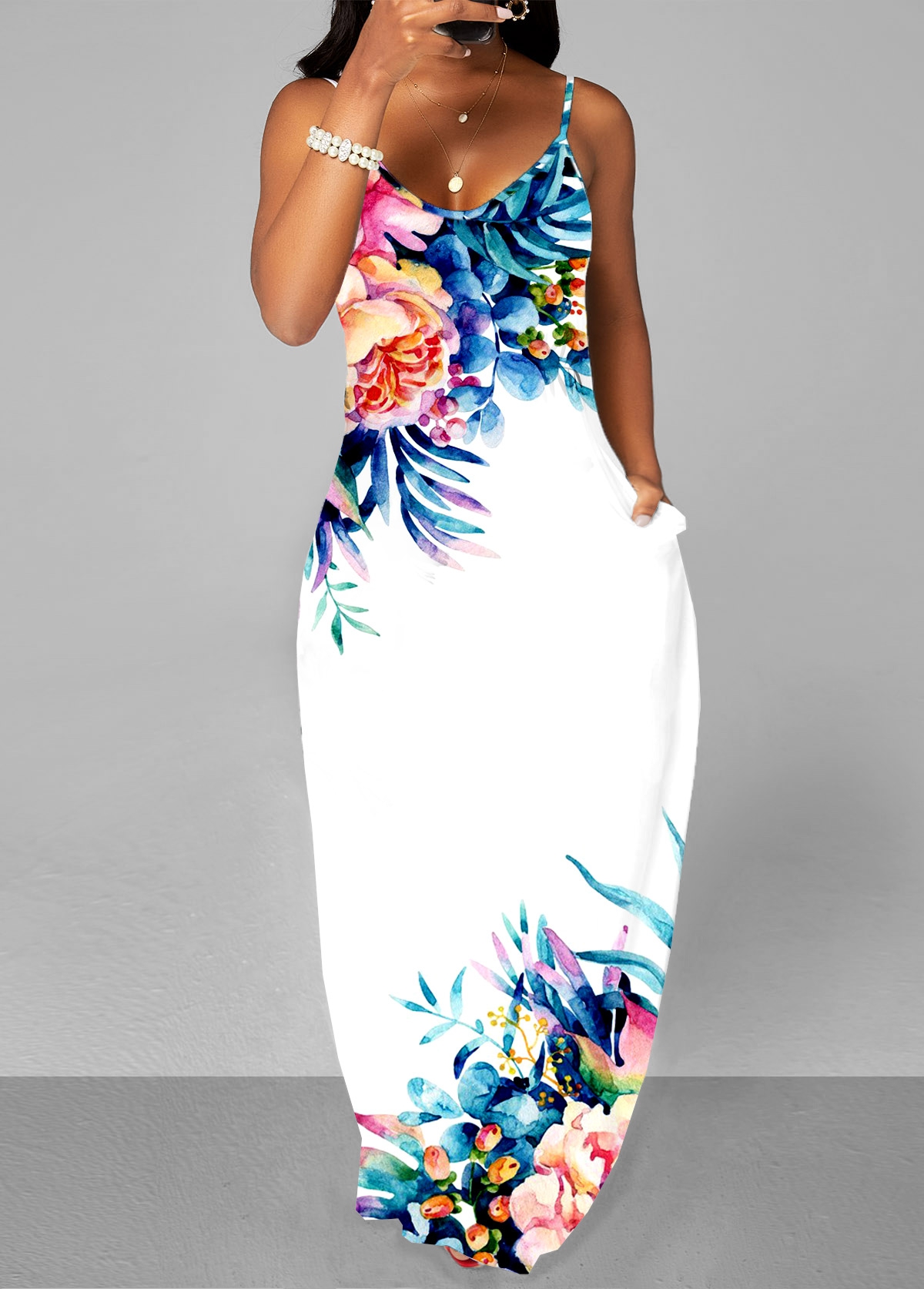 White Floral Print Spaghetti Strap Dress