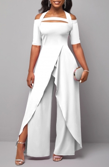 White Cold Shoulder Short Sleeve Jumpsuit