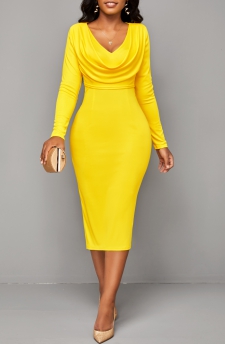 V Neck Split Yellow Long Sleeve Bodycon Dress