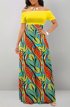 Multi Color Off Shoulder Leaf Print Maxi Dress