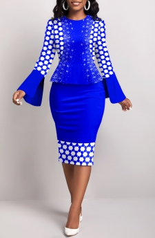 Geometric Print Fake 2in1 Royal Blue Bodycon Dress