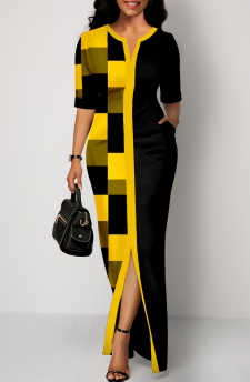 Geometric Print Patchwork Yellow Maxi Dress