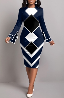 Geometric Print Contrast Binding Navy Bodycon Dress