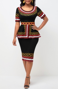 Tribal Print Round Neck Deep Red Peplum Waist Dress
