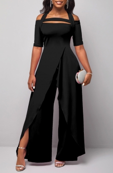 Short Sleeve Cold Shoulder Black Jumpsuit