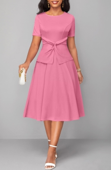 Twist Round Neck Short Sleeve Pink Dress
