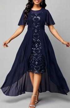 Sequin Embroidered Chiffon Round Neck Dress
