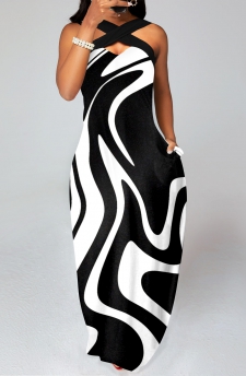 Geometric Print Criss Cross Black Maxi Dress