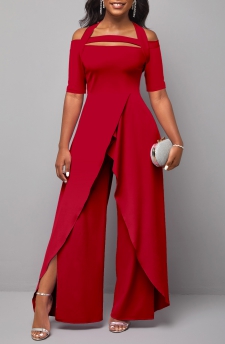 Red Cold Shoulder Short Sleeve Jumpsuit