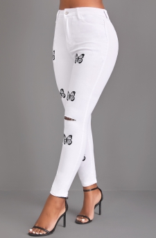 Butterfly Print Button White Skinny Zipper Fly Jeans