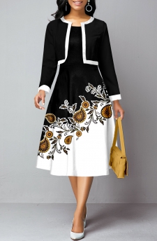 Long Sleeve Black Cardigan and Paisley Print Dress
