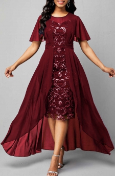 High Low Sequin Wine Red Bodycon Dress