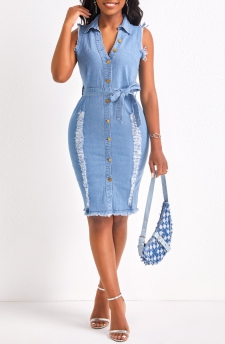 Hole Belted Denim Blue Shirt Collar Bodycon Dress