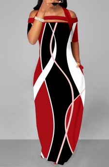 Red Strappy Cold Shoulder Printed Maxi Dress