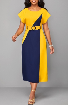 Patchwork Belted Navy H Shape Round Neck Dress