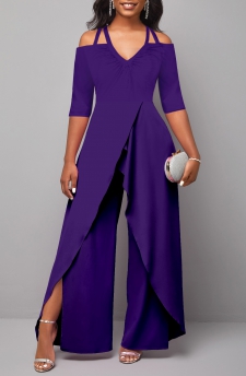 Ankle Length Off Shoulder Purple Jumpsuit