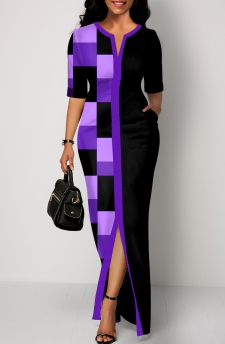 Geometric Print Split Purple Maxi Dress