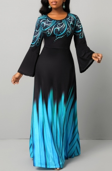 Tribal Print Breathable Blue Round Neck Maxi Dress