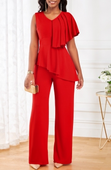 Red V Neck Sleeveless Ruffle Jumpsuit