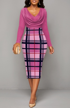Pink V Neck Long Sleeve Plaid Bodycon Dress