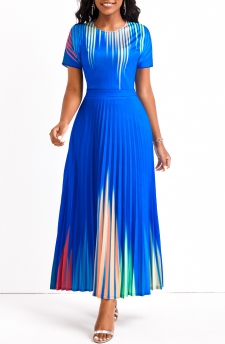 Ombre Pleated Royal Blue Round Neck Maxi Dress
