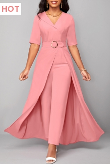 Belted Pink Short Sleeve V Neck Jumpsuit
