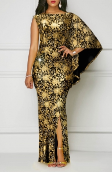 Floral Print Hot Stamping Golden Side Slit Dress
