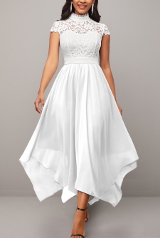 Lace Stand Collar Short Sleeve White Dress