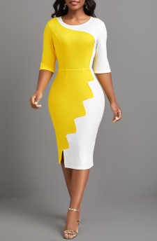 Yellow Round Neck Half Sleeve Patchwork Bodycon Dress