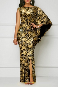 Floral Print Hot Stamping Golden Side Slit Dress