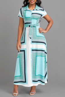 Geometric Print Button Belted Cyan Maxi Dress