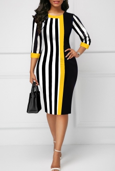 Black Striped Round Neck Bodycon Dress