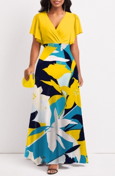 Plants Print Surplice Multi Color Maxi Dress