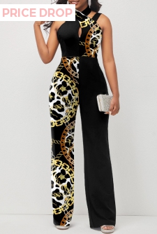 Cross Halter Animal Pattern Black Jumpsuit