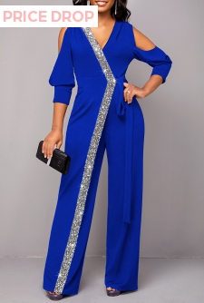 Royal Blue Sequin V Neck Jumpsuit