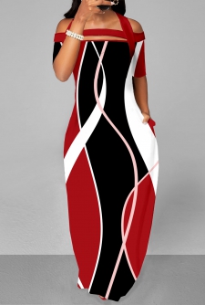 Red Strappy Cold Shoulder Printed Maxi Dress