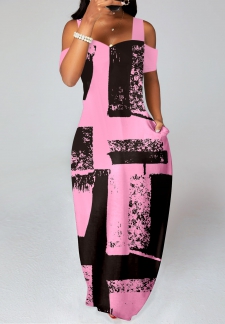 Graffiti Print Pocket Pink O Shape Maxi Dress