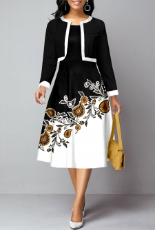 Long Sleeve Black Cardigan and Paisley Print Dress