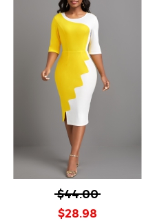 Yellow Round Neck Half Sleeve Patchwork Bodycon Dress