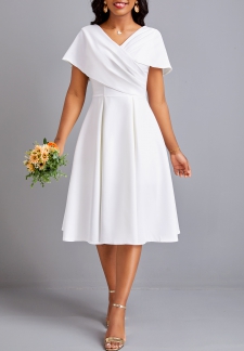 Umbrella Hem V Neck Short Sleeve White Dress