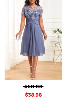 Lace Patchwork Dusty Blue Boat Neck Dress