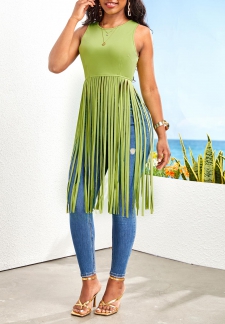 Round Neck Tassel Avocado Green Sleeveless T Shirt