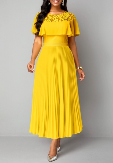 Round Neck Lace Yellow Short Sleeve Maxi Dress