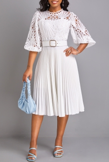 Pleated Belted White Round Neck Dress